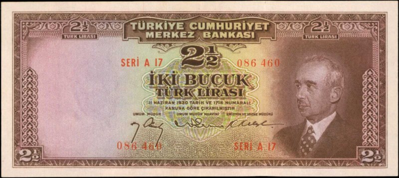 TURKEY. Türkiye Cümhuriyet Merkez Bankasi. 2 1/2 Turk Liras, 1930. P-140. Extrem...