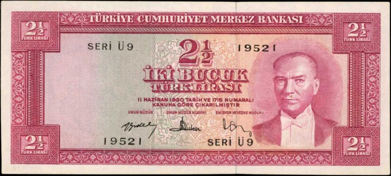 TURKEY. Türkiye Cümhuriyet Merkez Bankasi. 2 1/2 Turk Lirasi, 1930. P-152a. Abou...