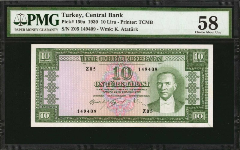 TURKEY. Central Bank. 10 Lira, 1930. P-159a. PMG Choice About Uncirculated 58.
...