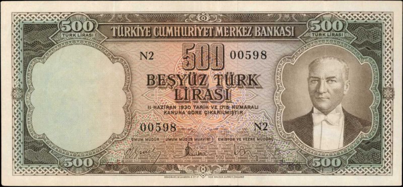 TURKEY. Türkiye Cümhuriyet Merkez Bankasi. 500 Turk Liras, 1930. P-171a. Very Fi...