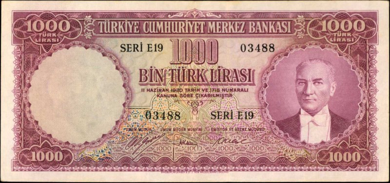 TURKEY. Türkiye Cümhuriyet Merkez Bankasi. 1000 Turk Liras, 1930. P-172a. Very F...