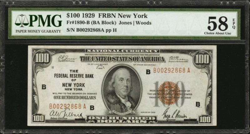 UNITED STATES. Federal Reserve Bank of New York. 100 Dollars, 1929. Fr. 1890-B. ...