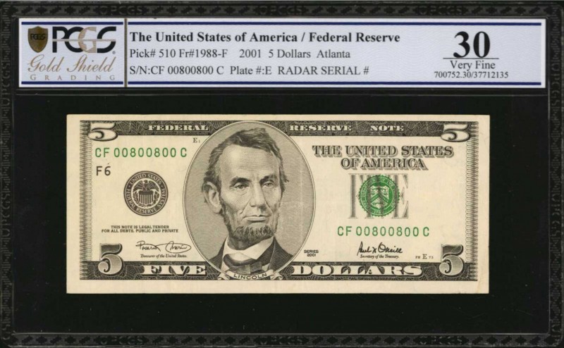 UNITED STATES. Federal Reserve Bank Note. Atlanta. 5 Dollars, 2001. Fr. 1988-F. ...