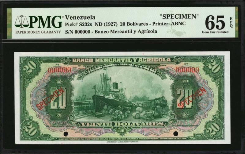 VENEZUELA. Banco Mercantil Y Agricola. 20 Bolivares, ND (1927). P-S232s. Specime...