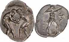 PAMPHYLIA. Aspendos. AR Stater (10.98 gms), ca. 400-380 B.C. NGC Ch AU, Strike: 5/5 Surface: 3/5. Countermark.

SNG BN-54. Obverse: Two wrestlers gr...