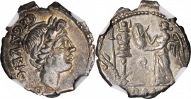 ROMAN REPUBLIC. C. Egnatuleius C.f. AR Quinarius (1.97 gms), Rome Mint, 97 B.C. NGC Ch EF, Strike: 4/5 Surface: 4/5.

Cr-333/1; Syd-588. Obverse: La...