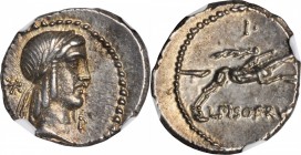 ROMAN REPUBLIC. L. Calpurnius Piso Frugi. AR Denarius (3.80 gms), Rome Mint, 90 B.C. NGC AU, Strike: 4/5 Surface: 4/5.

Cr-340/1; Syd-671. Obverse: ...