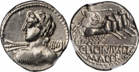 ROMAN REPUBLIC. C. Licinius L.f. Macer. AR Denarius (4.29 gms), Rome Mint, 84 B.C. NGC AU, Strike: 4/5 Surface: 4/5.

Cr-354/1; Syd-732. Obverse: Di...