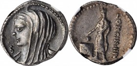 ROMAN REPUBLIC. L. Cassius Longinus. AR Denarius, Rome Mint, 60 B.C. NGC EF.

Cr-413/1; Syd-935. Obverse: Veiled and draped bust of Vesta left; S to...