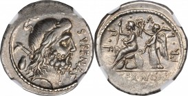 ROMAN REPUBLIC. M. Nonius Sufenas. AR Denarius (3.97 gms), Rome Mint, 57 B.C. NGC Ch EF, Strike: 4/5 Surface: 5/5.

Cr-421/1; Syd-885. Obverse: Head...