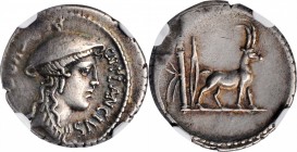 ROMAN REPUBLIC. Cn. Plancius. AR Denarius, Rome Mint, 55 B.C. NG Ch VF.

Cr-432/1; Syd-933. Obverse: Female head (Diana Planciana or Macedonia?) rig...