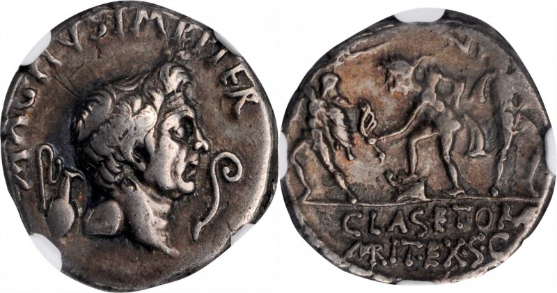 SEXTUS POMPEY. AR Denarius (3.61 gms), Uncertain mint in Sicily, 37/6 B.C. NGC V...