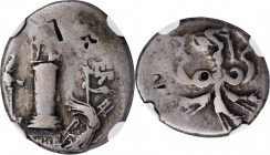 SEXTUS POMPEY. AR Denarius, Uncertain mint in Sicily, 40-39 B.C. NGC G. Bankers' Marks.

cf. Crawford-511/4a-d; cf. CRI-335-335b; cf. Syd-1348-9. Ob...