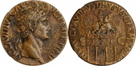 CLAUDIUS, A.D. 41-54. AE Sestertius (25.82 gms), Rome Mint, A.D. 41-42. NGC Ch EF, Strike: 4/5 Surface: 3/5.

RIC-98. Obverse: Laureate head right; ...