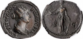 FAUSTINA JUNIOR (DAUGHTER OF ANTONINUS PIUS & WIFE OF MARCUS AURELIUS). AE As, Rome Mint, A.D. 145-146. NGC Ch EF*.

RIC-1405b (Pius). Obverse: Drap...