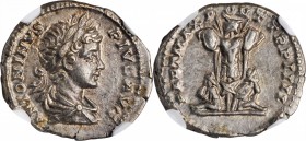 CARACALLA, A.D. 198-217. AR Denarius, Rome Mint, A.D. 201. NGC Ch AU.

RIC-54b; RSC-175. Obverse: Laureate and draped bust right; Reverse: Trophy; a...
