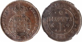 ANGOLA. Macuta, 1860. Pedro V. NGC AU-58.

KM-59. Virtually Mint State quality with a sharp strike and glossy, deep brown surfaces. A superb example...