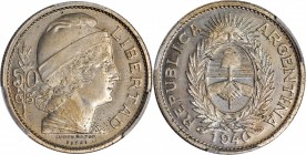 ARGENTINA. Copper-Nickel 50 Centavos Essai (Pattern), 1940. PCGS SPECIMEN-65 Gold Shield.

KM-Pn54 var. (nickel). A VERY RARE pattern issue, made ev...