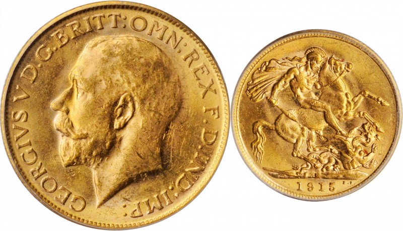 AUSTRALIA. Sovereign, 1915-M. Melbourne Mint. PCGS MS-63.

S-3999; Fr-39; KM-2...