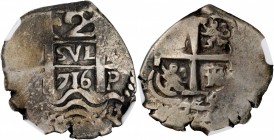 BOLIVIA. Cob 2 Reales, 1716-P Y. Potosi Mint. Philip V. NGC VF-30.

6.32 gms. KM-29. Quite deeply toned, this charming example offers a clear date a...