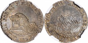 BOLIVIA. Silver Proclamation Medallic 2 Soles, 1853. NGC MS-62.

Burnett-57B. Alter and cornucopia, legend around; Reverse: Mountain scene with town...