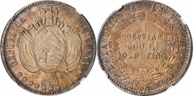 BOLIVIA. Boliviano, 1868-PTS FE. Potosi Mint. NGC MS-61.

KM-152.2. Variety with 11 stars. Offering a solid array of iridescence, this Mint State sp...