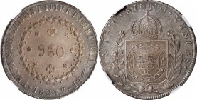 BRAZIL. 960 Reis, 1824-R. Rio de Janeiro Mint. Pedro I. NGC AU-55.

KM-368.1. A charmingly toned specimen, this example offers a solid strike and su...