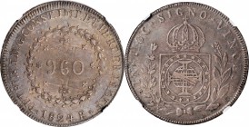 BRAZIL. 960 Reis, 1824-R. Rio de Janeiro Mint. Pedro I. NGC AU-53.

KM-368.1. Deeply toned and attractive, with some minor wear on the high points....