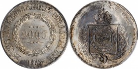 BRAZIL. 2000 Reis, 1865. Pedro II. PCGS MS-62 Gold Shield.

KM-466. Incredibly alluring, this near choice piece presents lustrous, gunmetal gray sur...