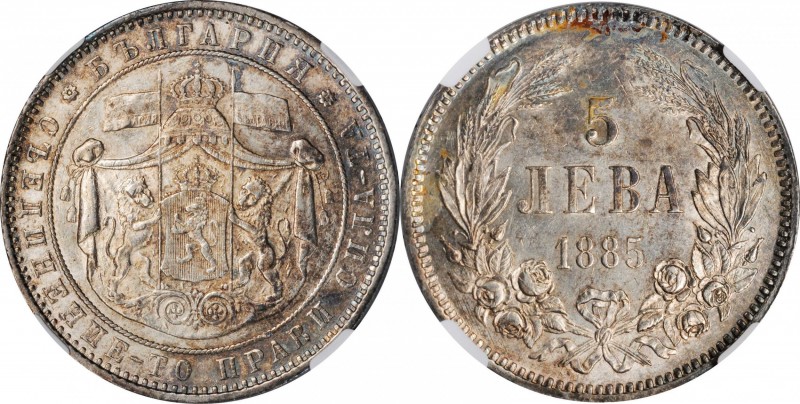 BULGARIA. 5 Leva, 1885. St. Petersburg Mint. Alexander I. NGC MS-61.

Dav-60; ...