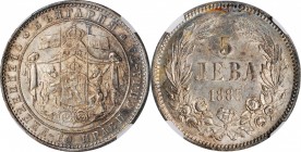 BULGARIA. 5 Leva, 1885. St. Petersburg Mint. Alexander I. NGC MS-61.

Dav-60; KM-7. A delightful Mint State crown, this example features some alluri...