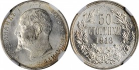 BULGARIA. 50 Stotinki, 1913. Kremnica Mint. NGC MS-65.

KM-30. A sterling 50 Stotinki of 1913 with sparkling mint brilliance and a near perfect appe...