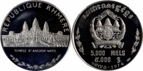 CAMBODIA. 5000 Riels, 1974. NGC PROOF-67 Ultra Cameo.

KM-60. Mintage: 800. This blazing Gem, a rather RARE issue, features a rendition of the famou...