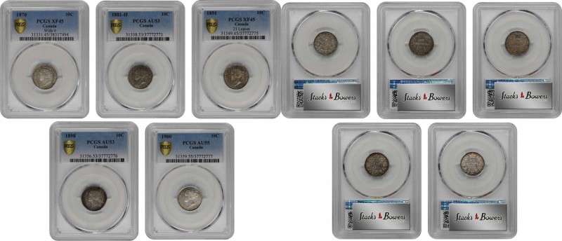 CANADA. Quintet of 10 Cents (5 Pieces), 1870-1900. Victoria. All PCGS Gold Shiel...