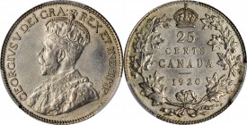 CANADA. 25 Cents, 1920. Ottawa Mint. PCGS MS-63 Gold Shield.

KM-24a. Largely untoned, this shimmering example presents pleasing luster and a good d...