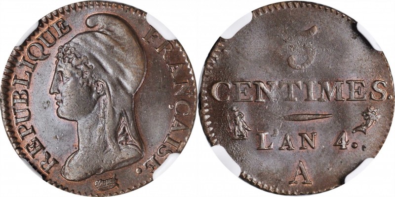 FRANCE. 5 Centimes, L'An-4 (1795/6)-A. Paris Mint. French Directory. NGC MS-65 B...