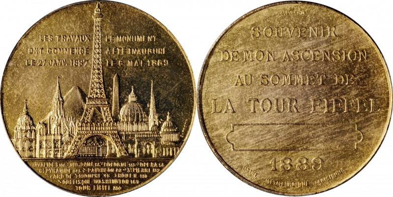 FRANCE. Eiffel Tower Climb Gilt Bronze Souvenir Medal, 1889. PCGS MS-63 Gold Shi...