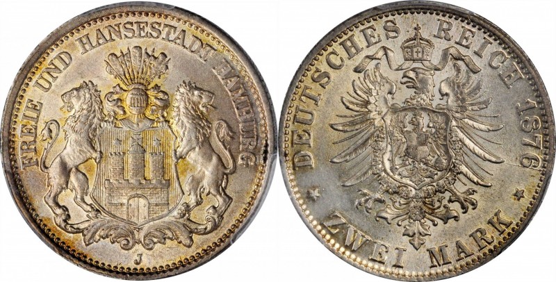 GERMANY. Hamburg. 2 Mark, 1876-J. PCGS MS-63 Gold Shield.

KM-604. Decidedly c...