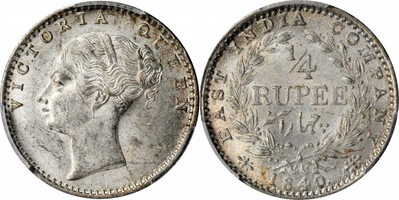 INDIA. 1/4 Rupee, 1840-(C). Calcutta Mint. Victoria. PCGS MS-63 Gold Shield.

...