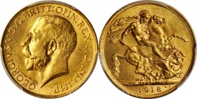 INDIA. Sovereign, 1918-I. Bombay Mint. PCGS MS-63 Gold Shield.

S-3998; Fr-1609; KM-A525. A choice example, presenting appealing yellow-gold surface...