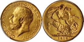 INDIA. Sovereign, 1918-I. Bombay Mint. PCGS MS-63 Gold Shield.

S-3998; Fr-1609; KM-A525. Another exquisitely choice example of this gold issue, fea...