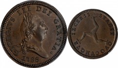 ISLE OF MAN. Penny, 1786. London Mint. George III. PCGS MS-63 Brown Gold Shield.

S-7413b; KM-9.1; Prid-16a. Variety with pellet below bust and engr...