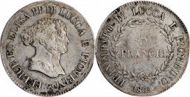 ITALY. Lucca. 5 Franchi, 1805. Elisa Bonaparte with Felice Baciocchi. PCGS Genuine--Scratch, VF Details Gold Shield.

Dav-203; KM-24.3. A gunmetal g...
