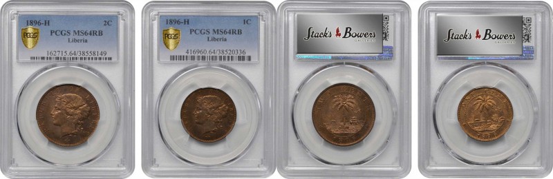 LIBERIA. Duo of 2 Cents and Cent (2 Pieces), 1896-H. Heaton Mint. Both NGC MS-64...