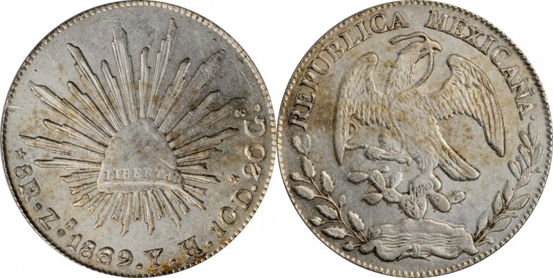 MEXICO. 8 Reales, 1869-Zs YH. Zacatecas Mint. PCGS AU-55.

KM-377.13; DP-Zs54....