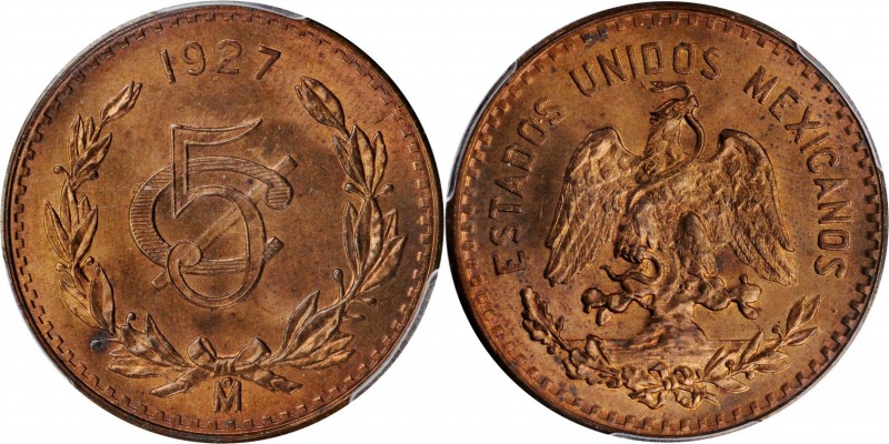 MEXICO. 5 Centavos, 1927-Mo. Mexico City Mint. PCGS MS-65 Red Brown Gold Shield....