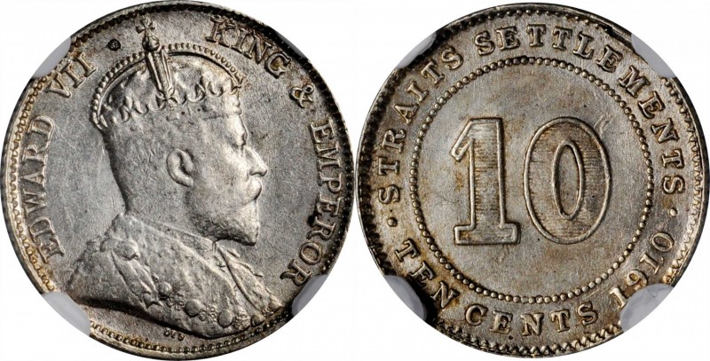 STRAITS SETTLEMENTS. 10 Cents, 1910-B. Bombay Mint. NGC MS-61.

KM-21a. Highly...