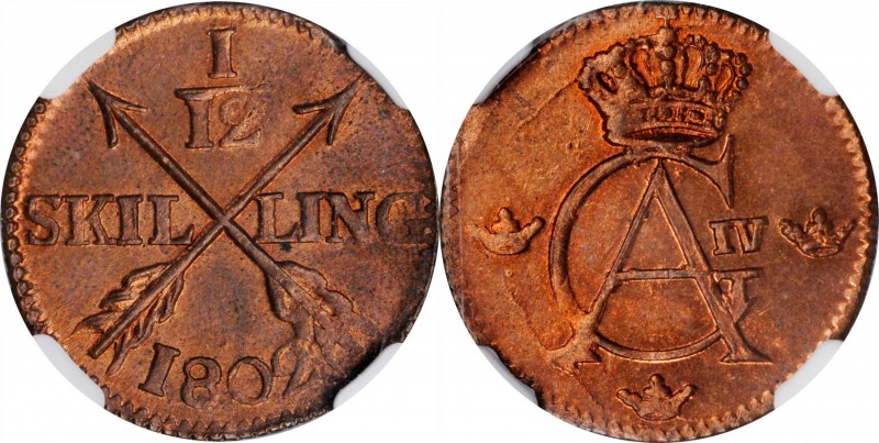 SWEDEN. 1/12 Skilling, 1802. Avesta Mint. Gustav IV Adolf. NGC MS-65 Red Brown....