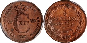 SWEDEN. 1/6 Skilling, 1836. Stockholm Mint. Carl XIV Johan. PCGS MS-64 Red Brown Gold Shield.

KM-639. Rather difficult in near Gem states of preser...