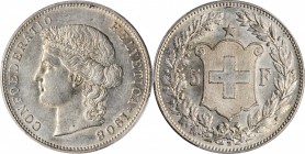SWITZERLAND. 5 Francs, 1908-B. Bern Mint. PCGS AU-55 Gold Shield.

KM-34. Lightly handled and original, this lustrous piece features some golden hue...